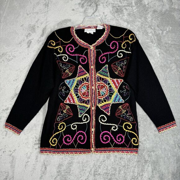 Shannan Sweater Womens Medium Black Multi Cardigan Embroidered Beaded Vintage - Picture 2 of 9